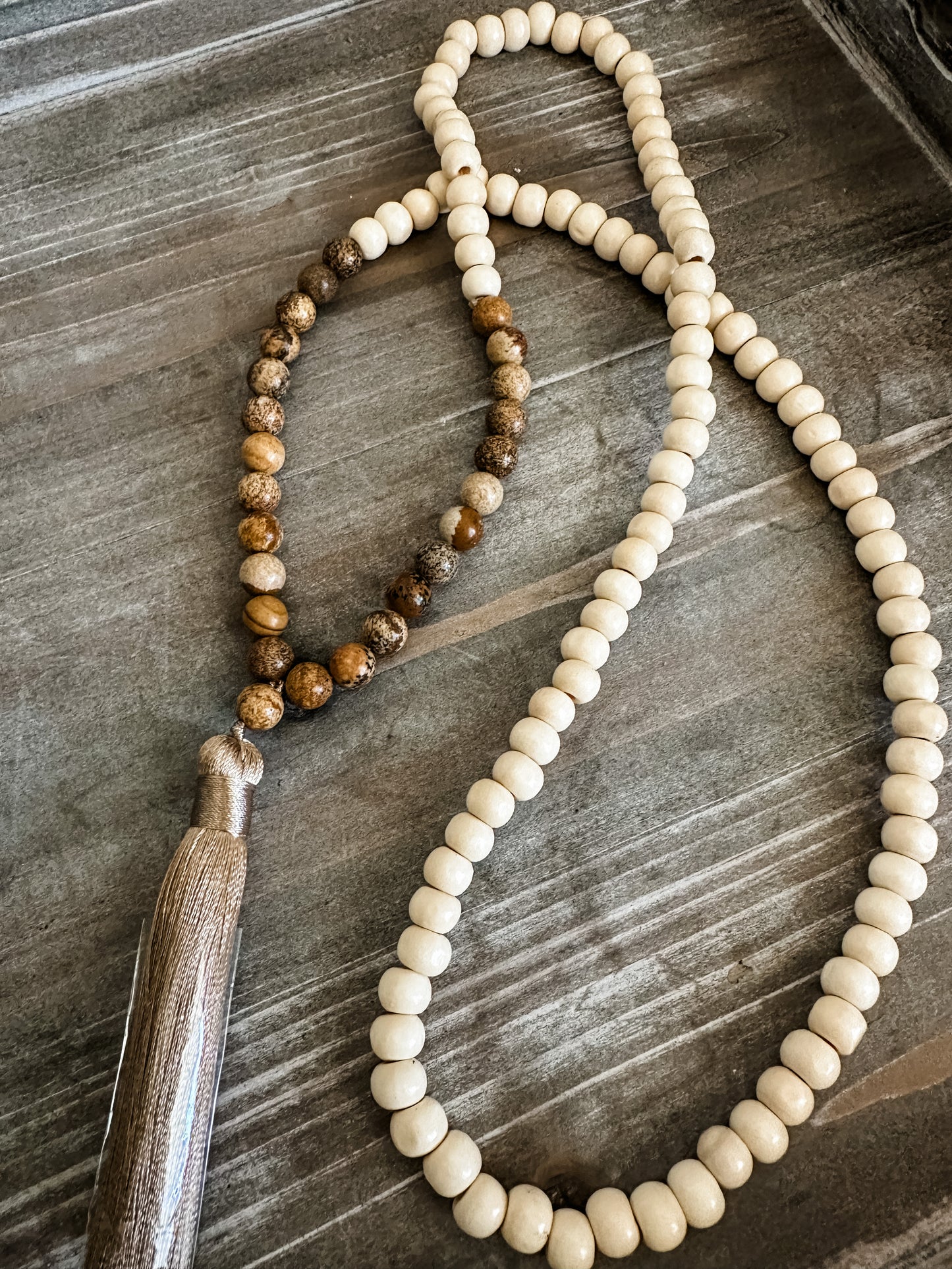 Stone and Wood beaded tassel necklace